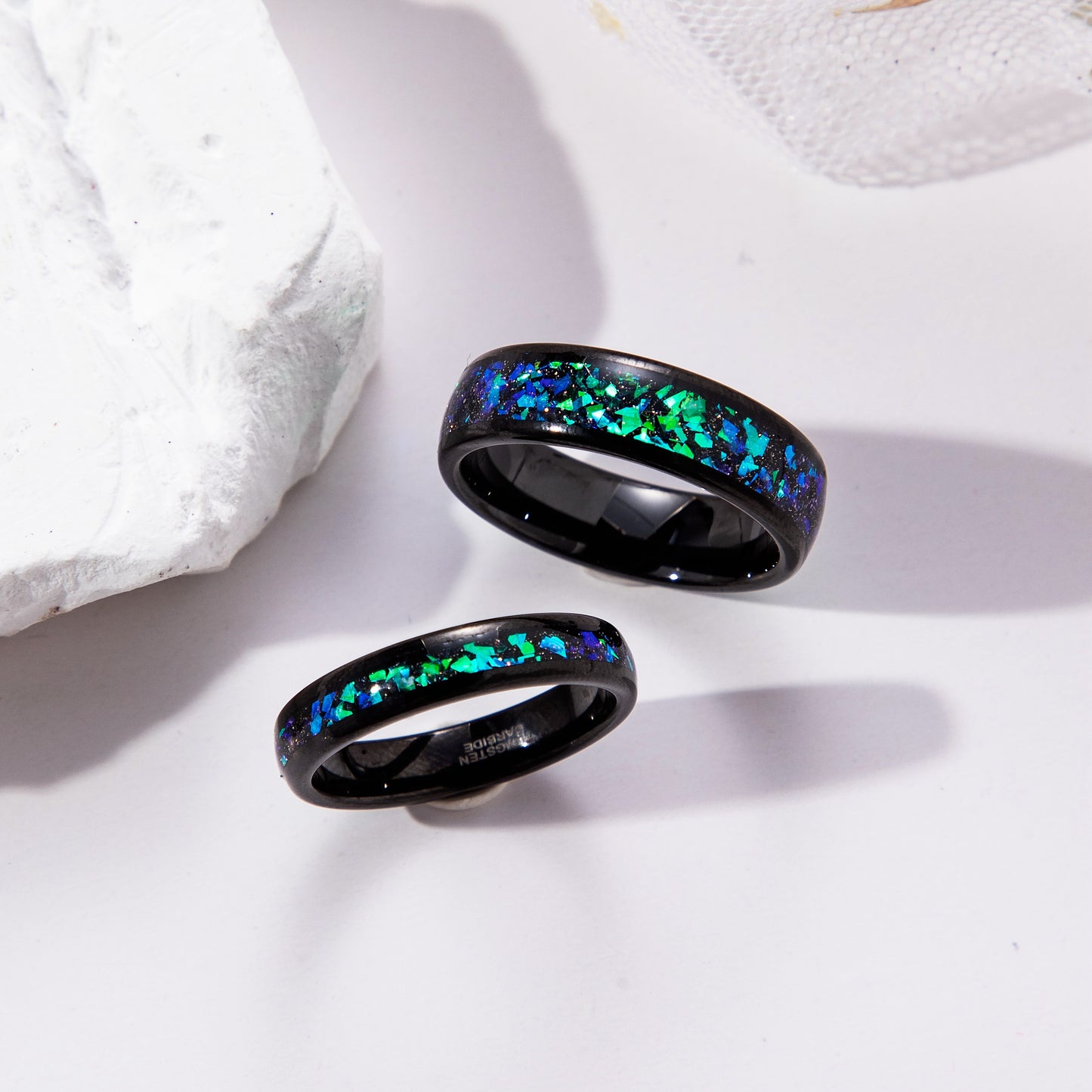 Black Sandstone & Crushed Opal Meteorite Tungsten Ring for Women