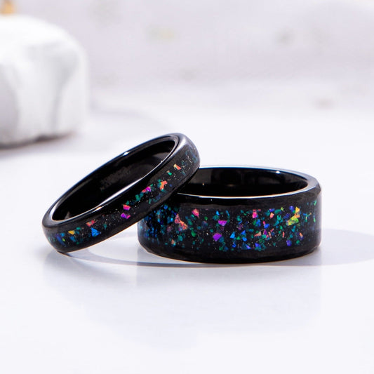 The Spectra - Black Sand Stone & Crushed Opal Couple Ring Set