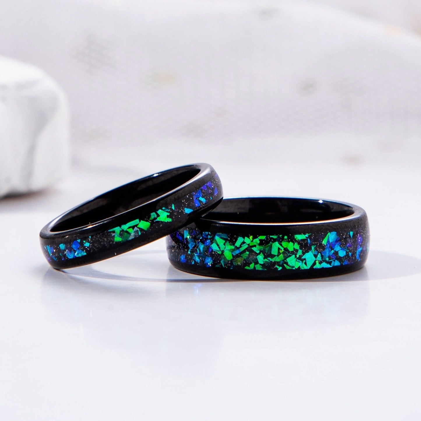 Black Sandstone & Crushed Opal Meteorite Outer Space Rings for Couples