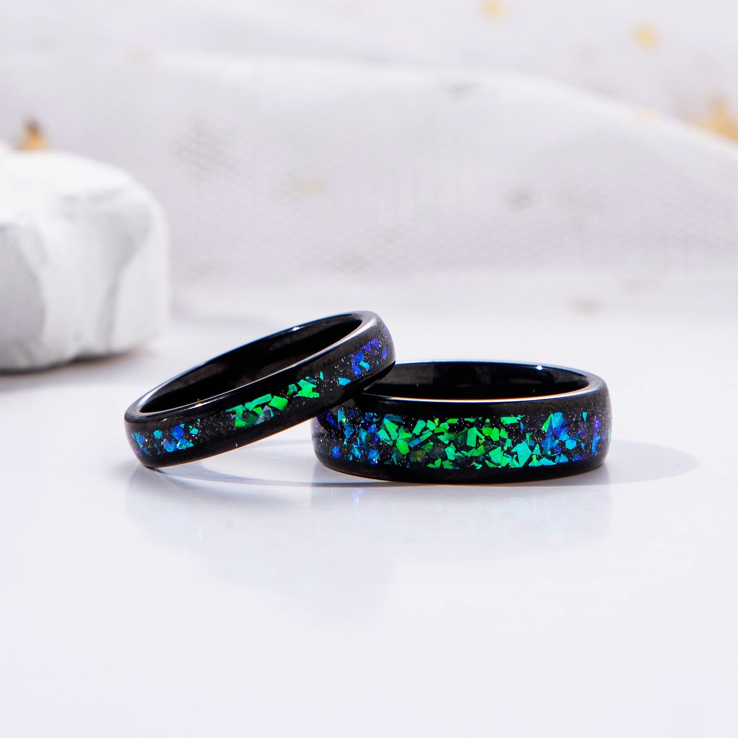 Black Sandstone & Crushed Opal Meteorite Tungsten Ring for Women