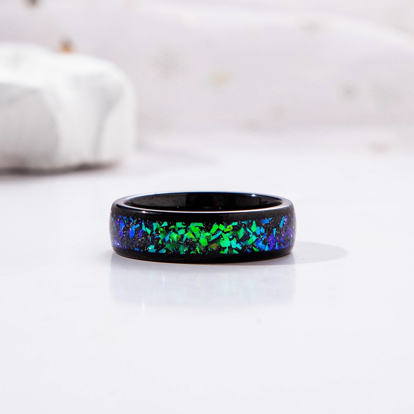 Black Sandstone & Crushed Opal Meteorite Outer Space Rings for Couples