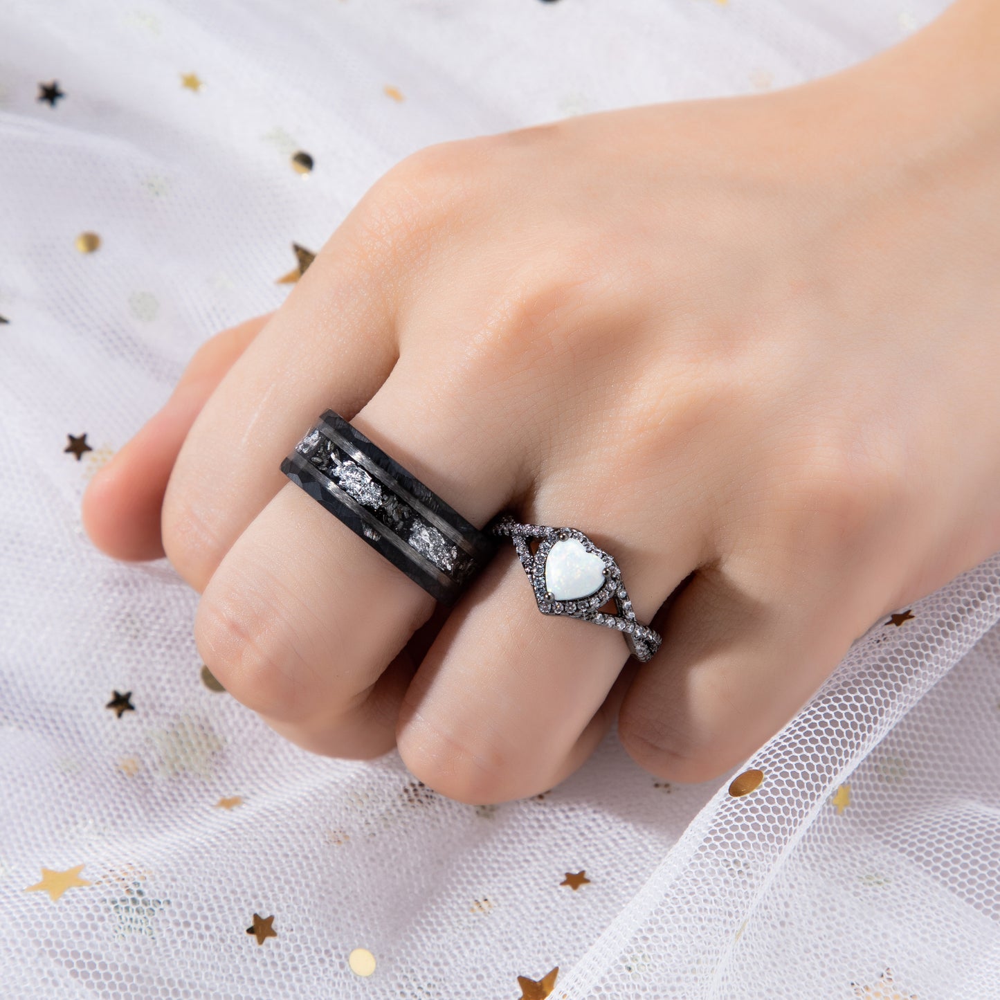 Black Meteorite Sandstone & White Opal Couple Ring Set Silver/Tungsten