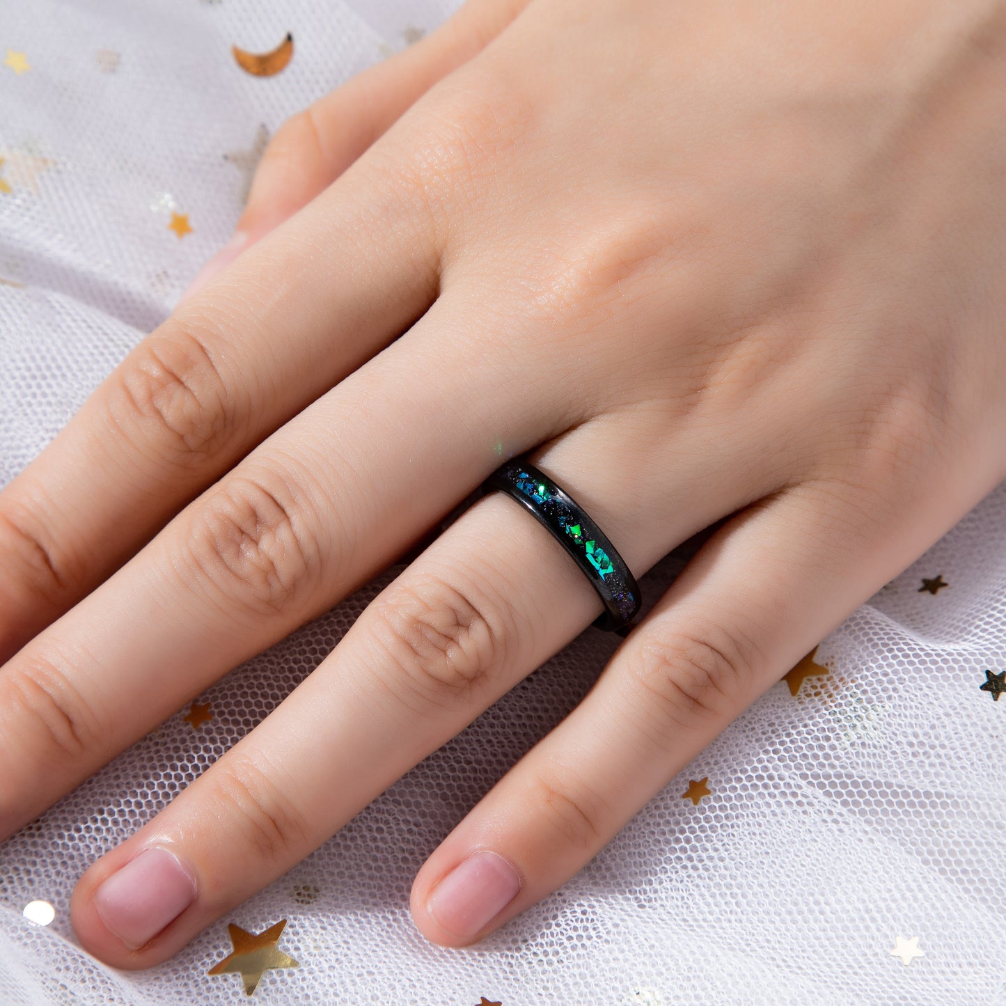 Black Sandstone & Crushed Opal Meteorite Outer Space Rings for Couples