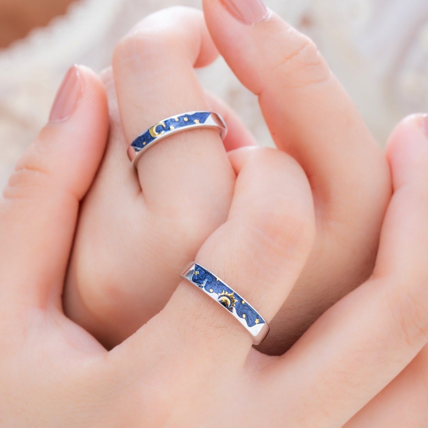 Sun Moon Silver Couple Rings