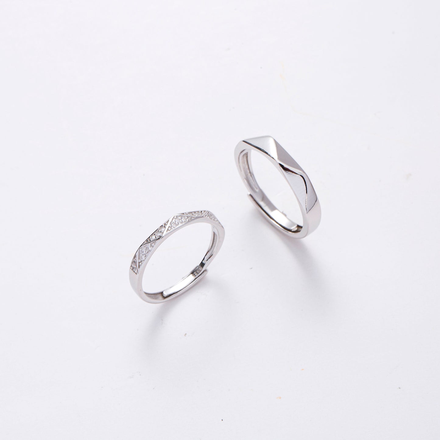 Geometric CZ Silver Couple Rings