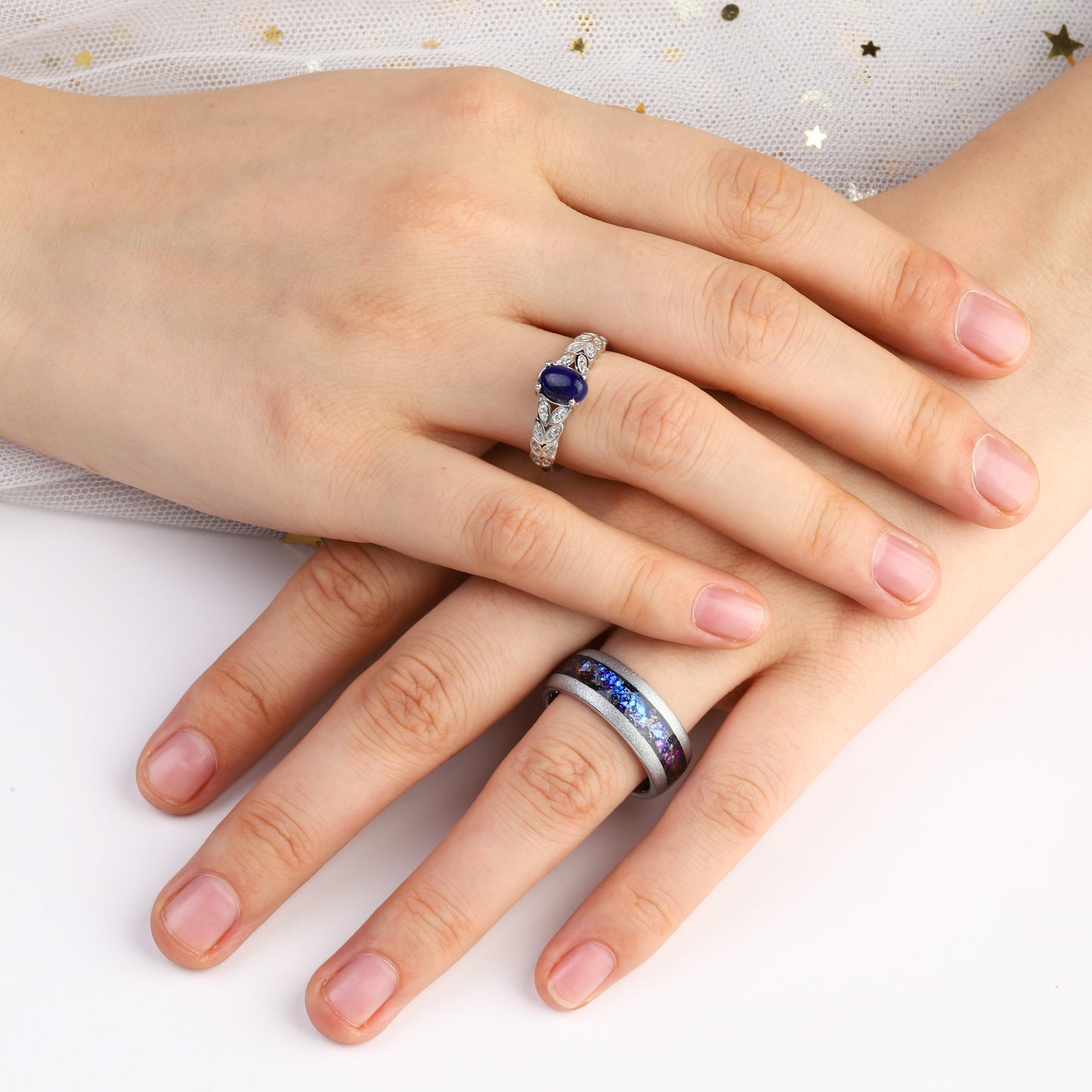 The Starfall - Lapis Lazuli & Crushed Sandstone Couple Ring Set