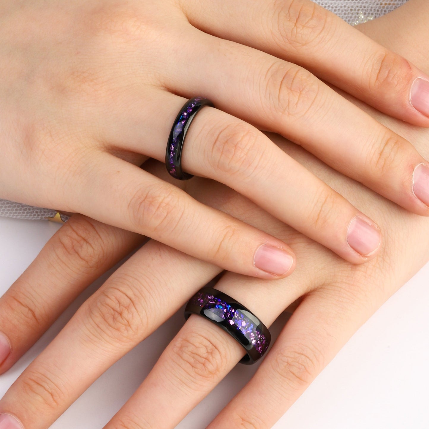 Crushed Amethyst Galaxy Couple Ring Set