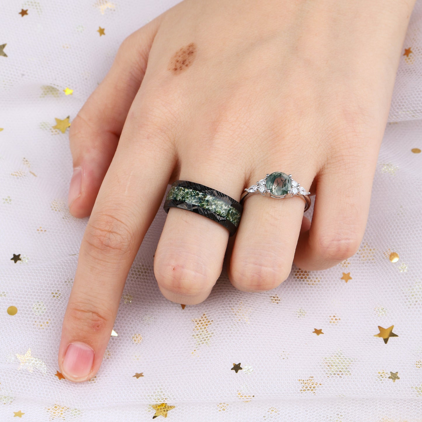 The Forestine - Natural Moss Agate Matching Ring Set