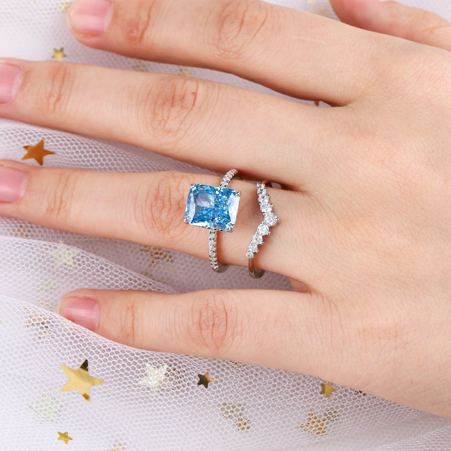 The Meridian - Diamond & Crushed Blue Opal Couple Ring Set