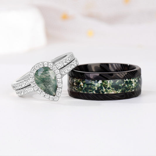 The Evermoss - Natural Moss Agate Couple Rings
