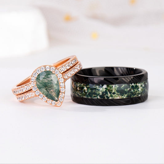 The Evermoss - Natural Moss Agate Couple Rings Rosegold Vermeil
