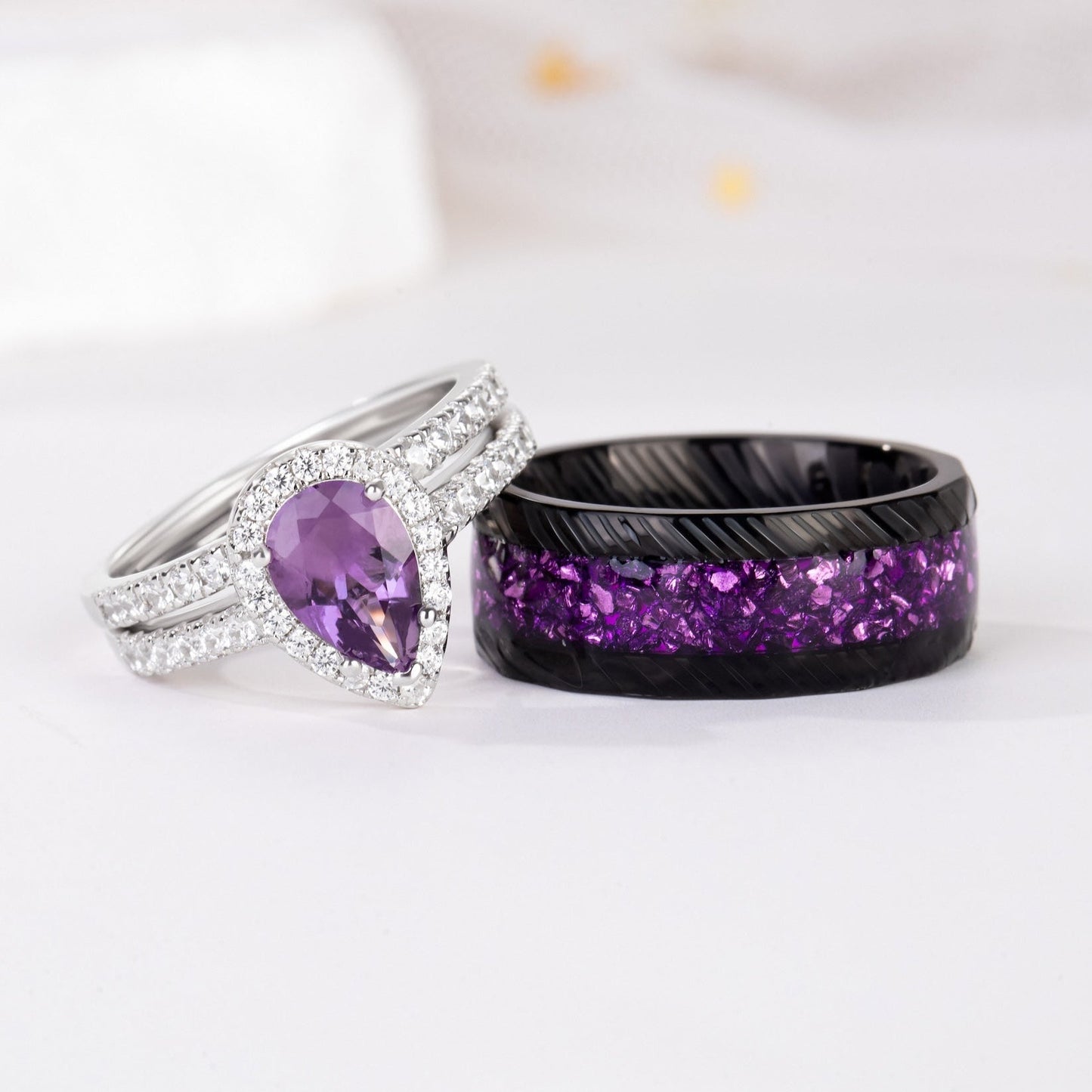 The Viara - Natural Amethyst Couple Ring Set