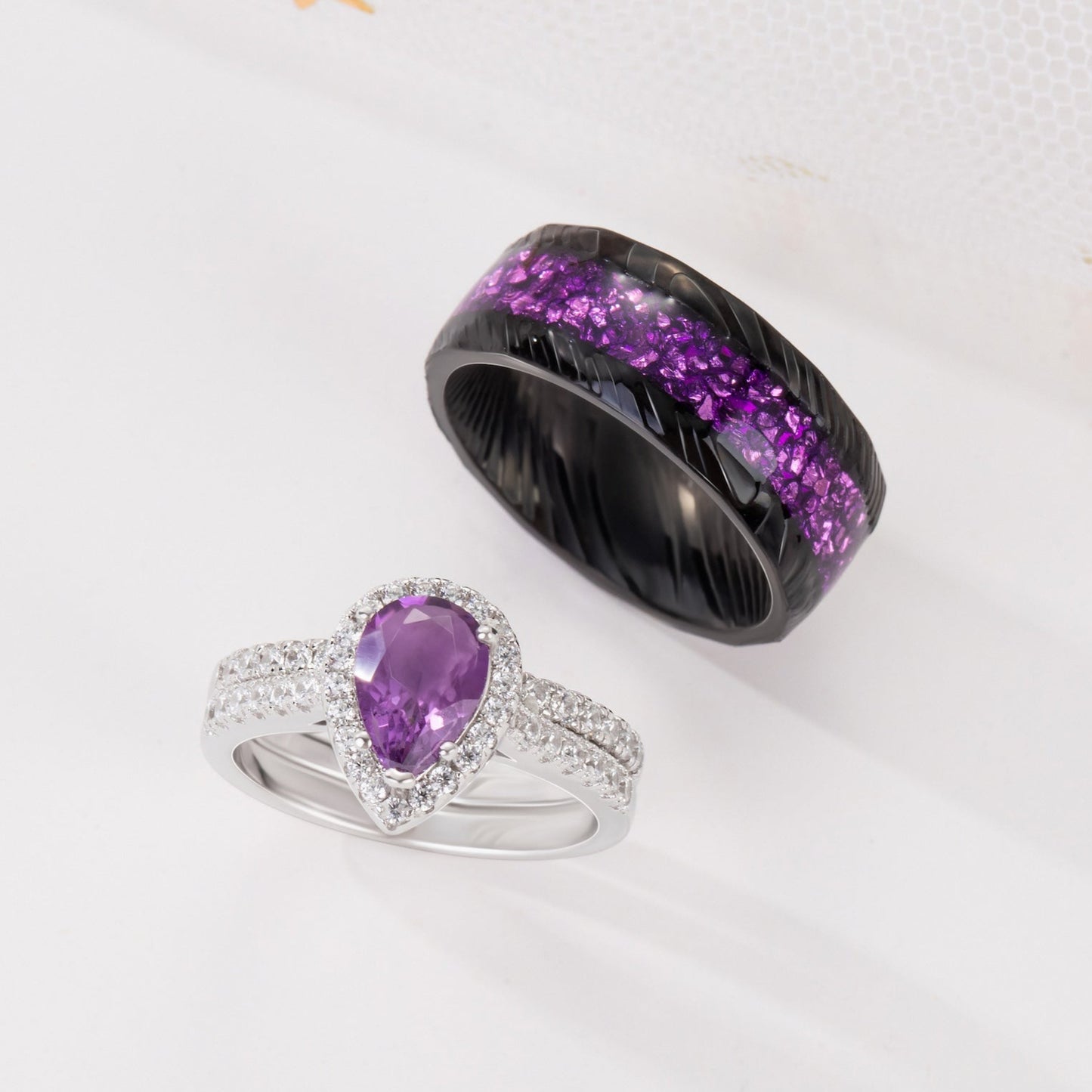 The Viara - Natural Amethyst Couple Ring Set