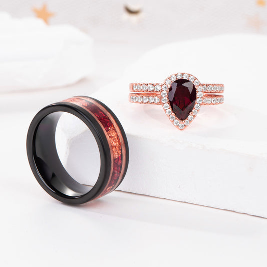 The Garnith - Natural Garnet Couple Rings with Rose Gold Plated
