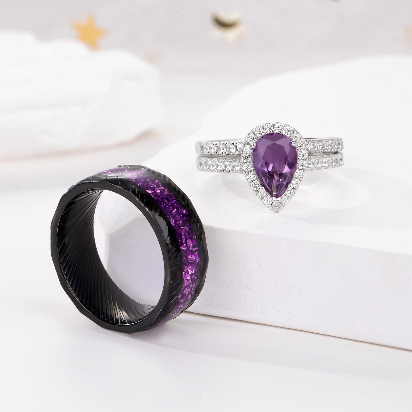 The Viara - Natural Amethyst Couple Ring Set