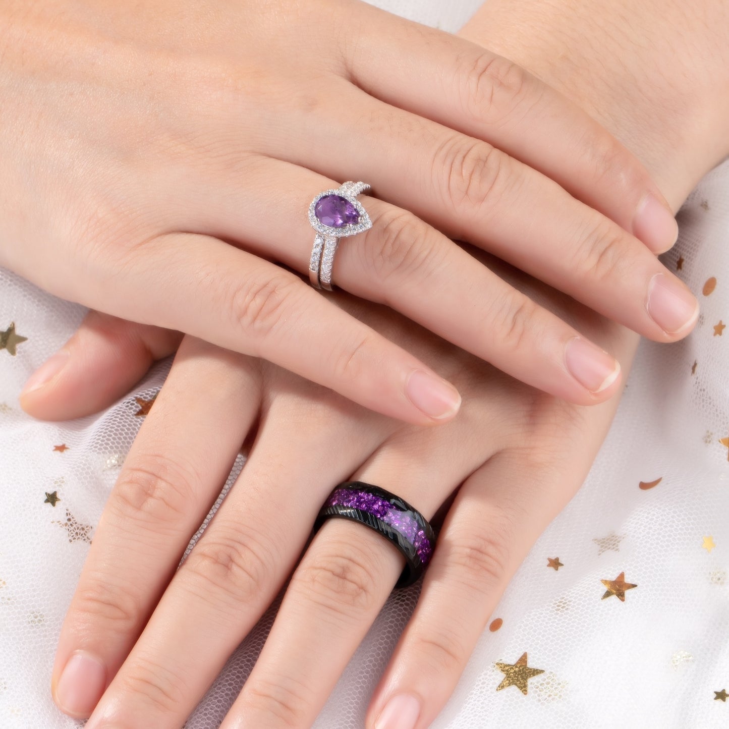 The Viara - Natural Amethyst Couple Ring Set