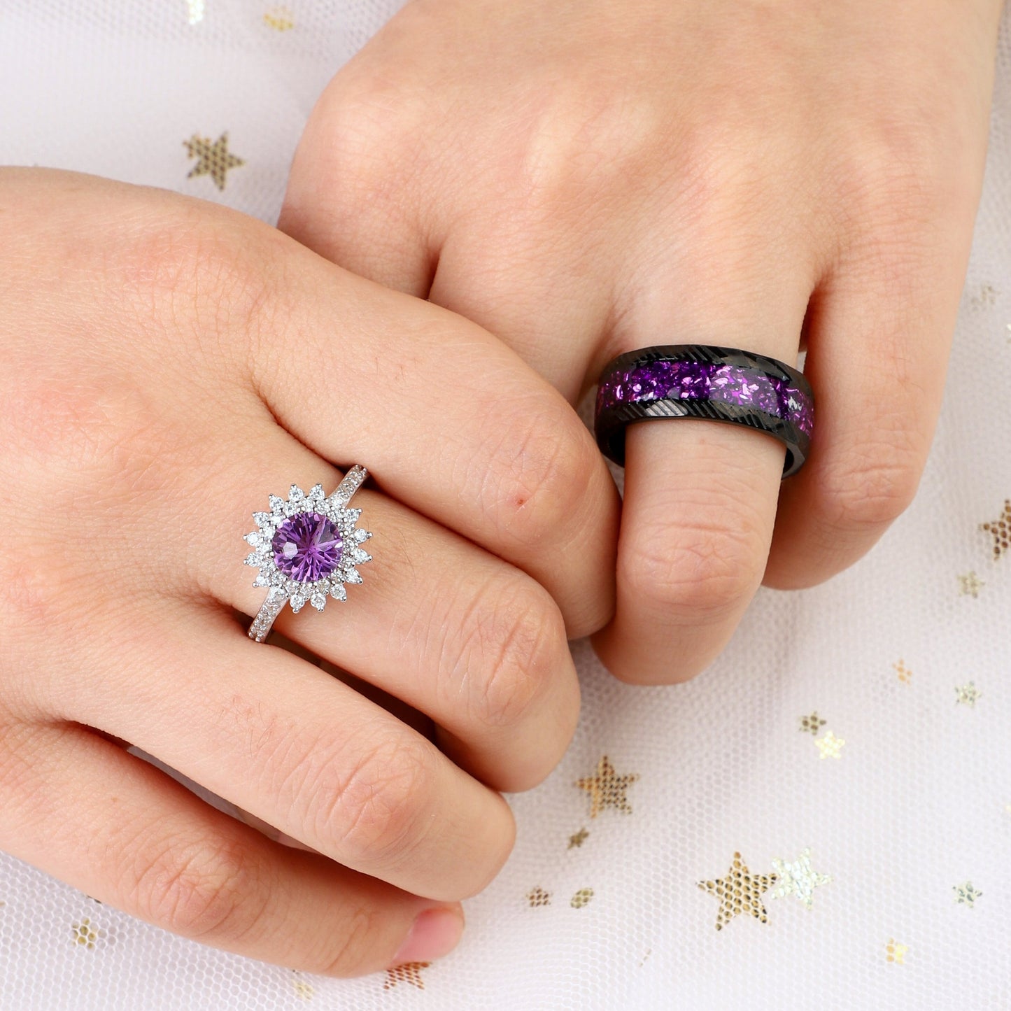 The Flareen - Firework & Crushed Amethyst Couple Ring Set