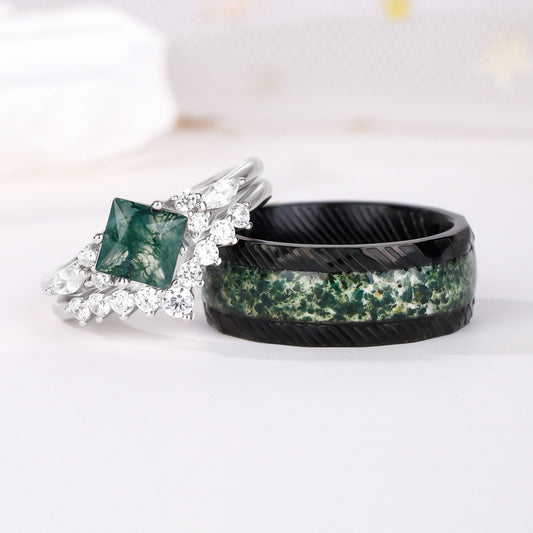 The Mossure - Natural Moss Agate Couple Ring Set