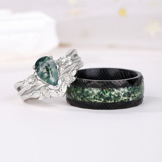 The Folira - Moss Agate Couple Ring Set
