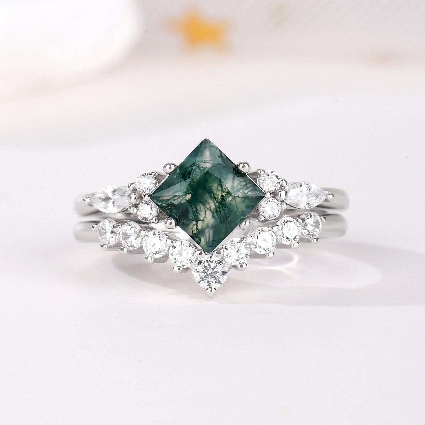 The Mossure - Natural Moss Agate Couple Ring Set