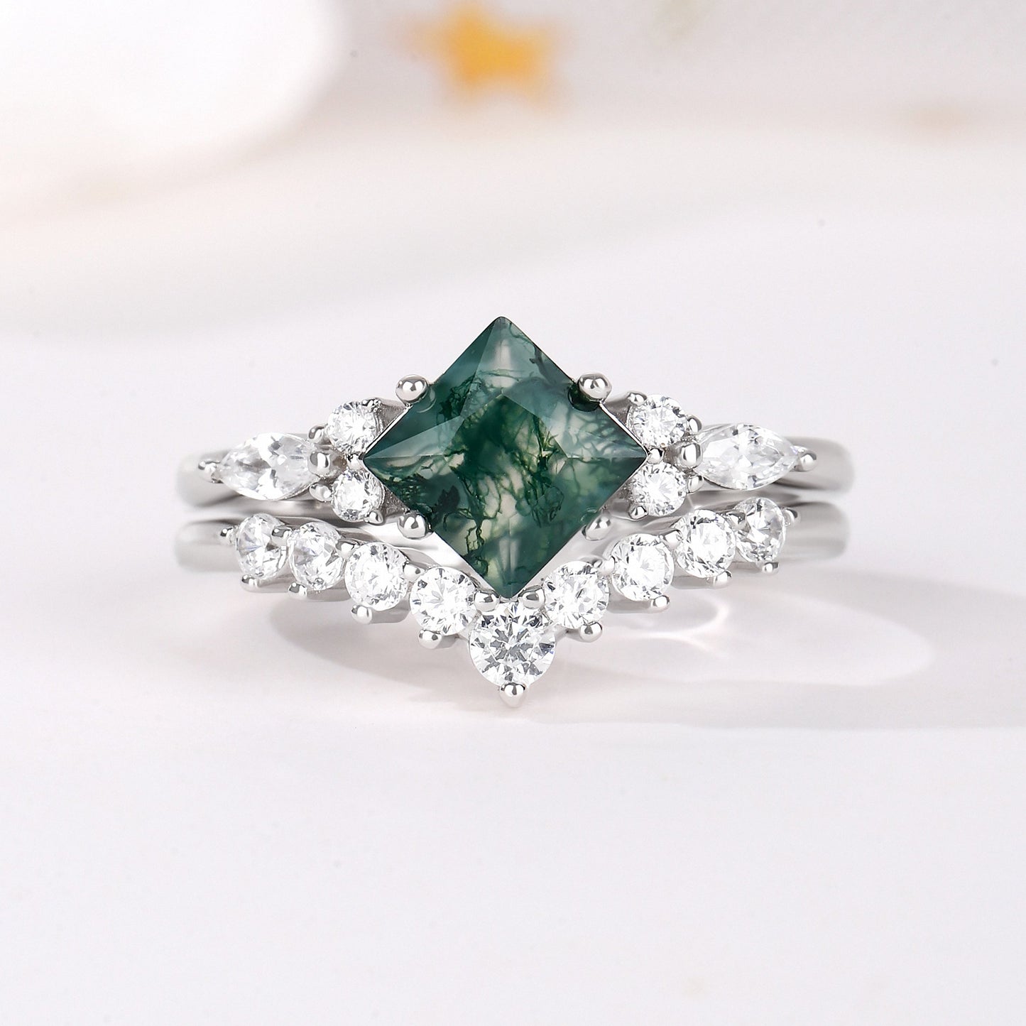 The Virelle - Natural Moss Agate Ring Set