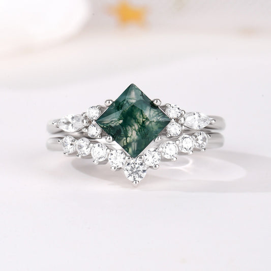 The Virelle - Natural Moss Agate Ring Set