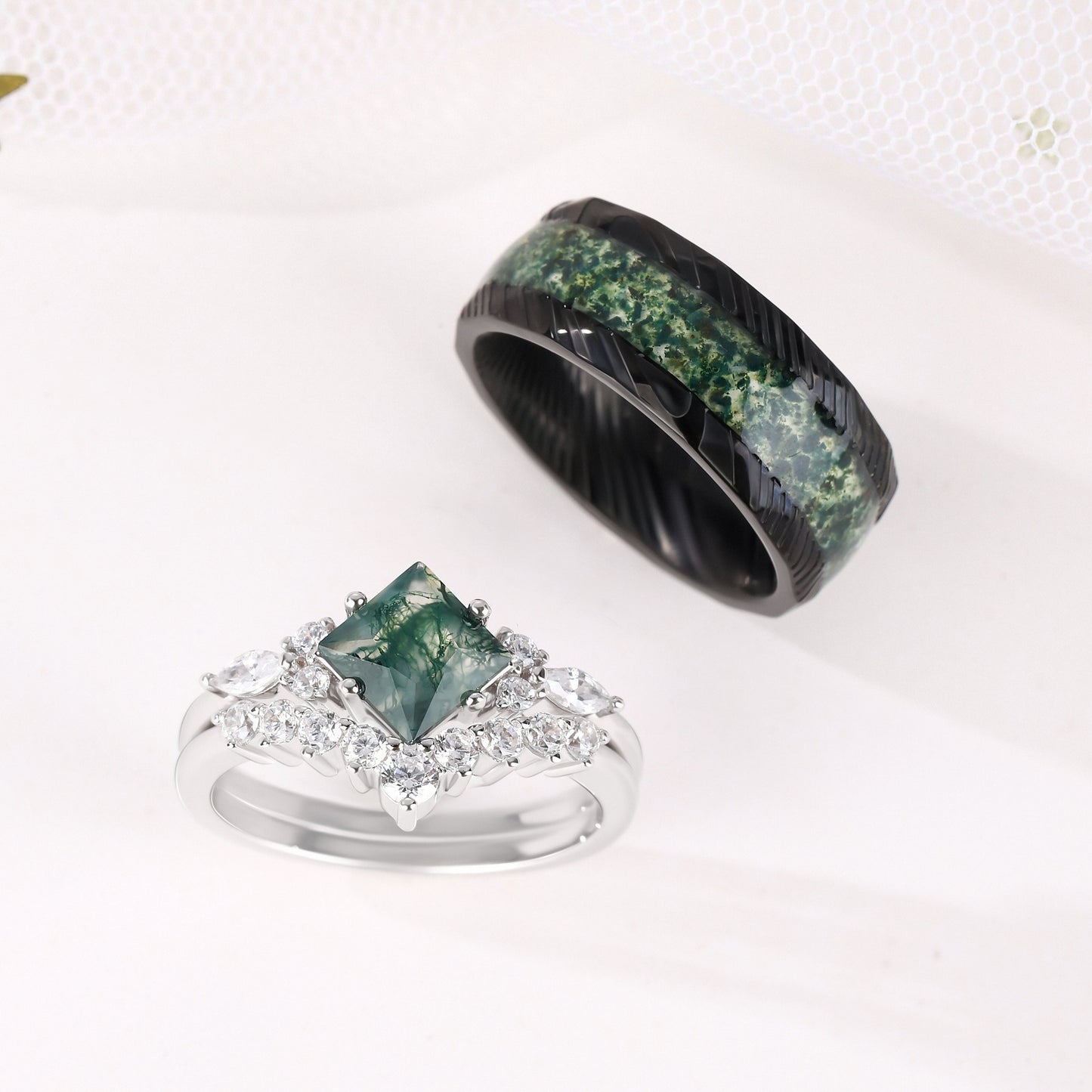 The Mossure - Natural Moss Agate Couple Ring Set