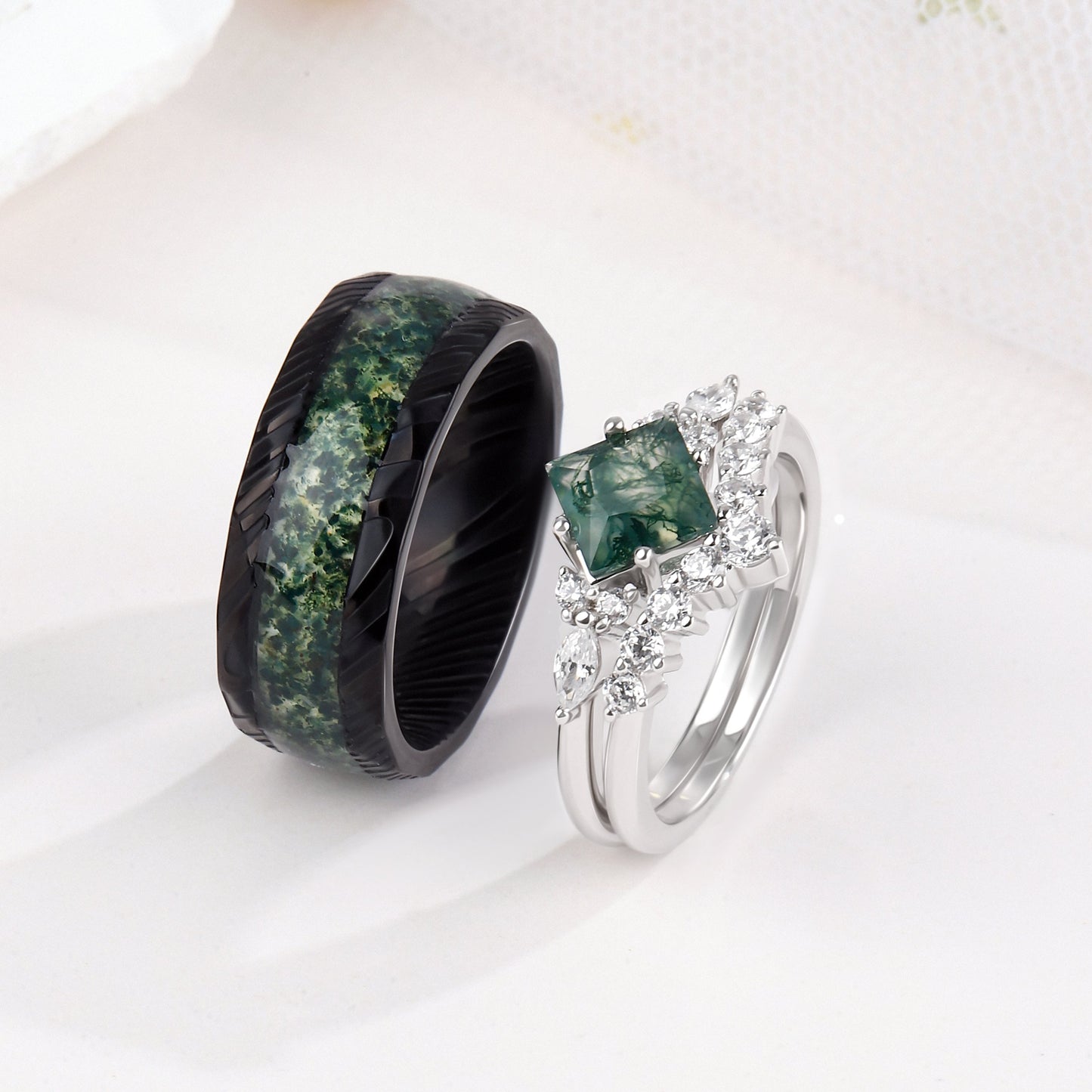 The Mossure - Natural Moss Agate Couple Ring Set