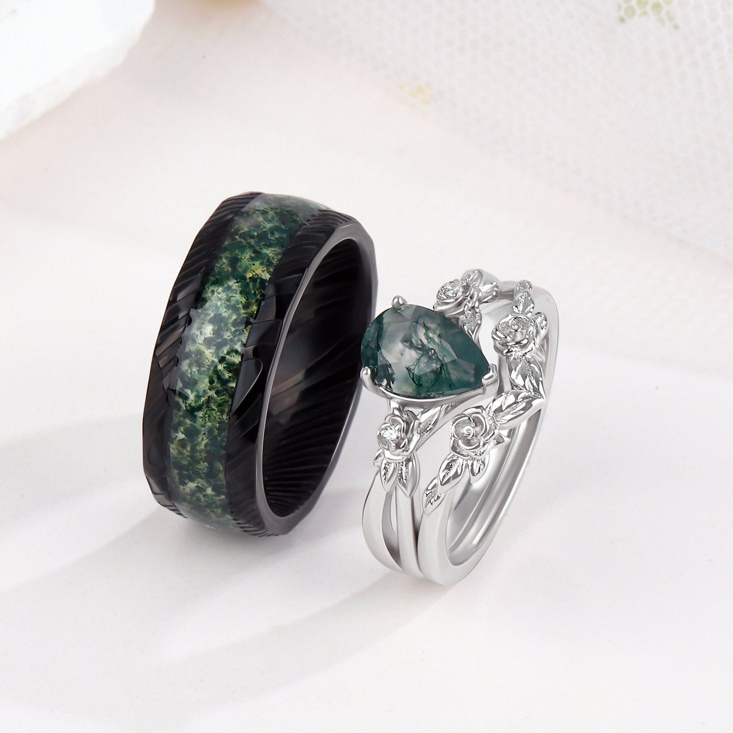 The Folira - Moss Agate Couple Ring Set
