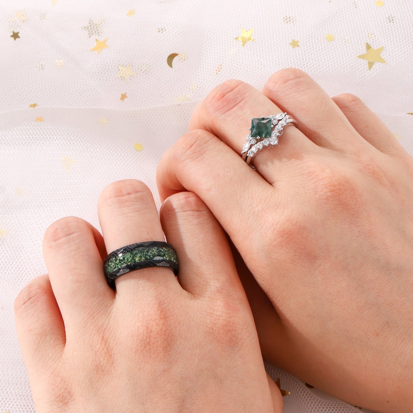 The Mossure - Natural Moss Agate Couple Ring Set