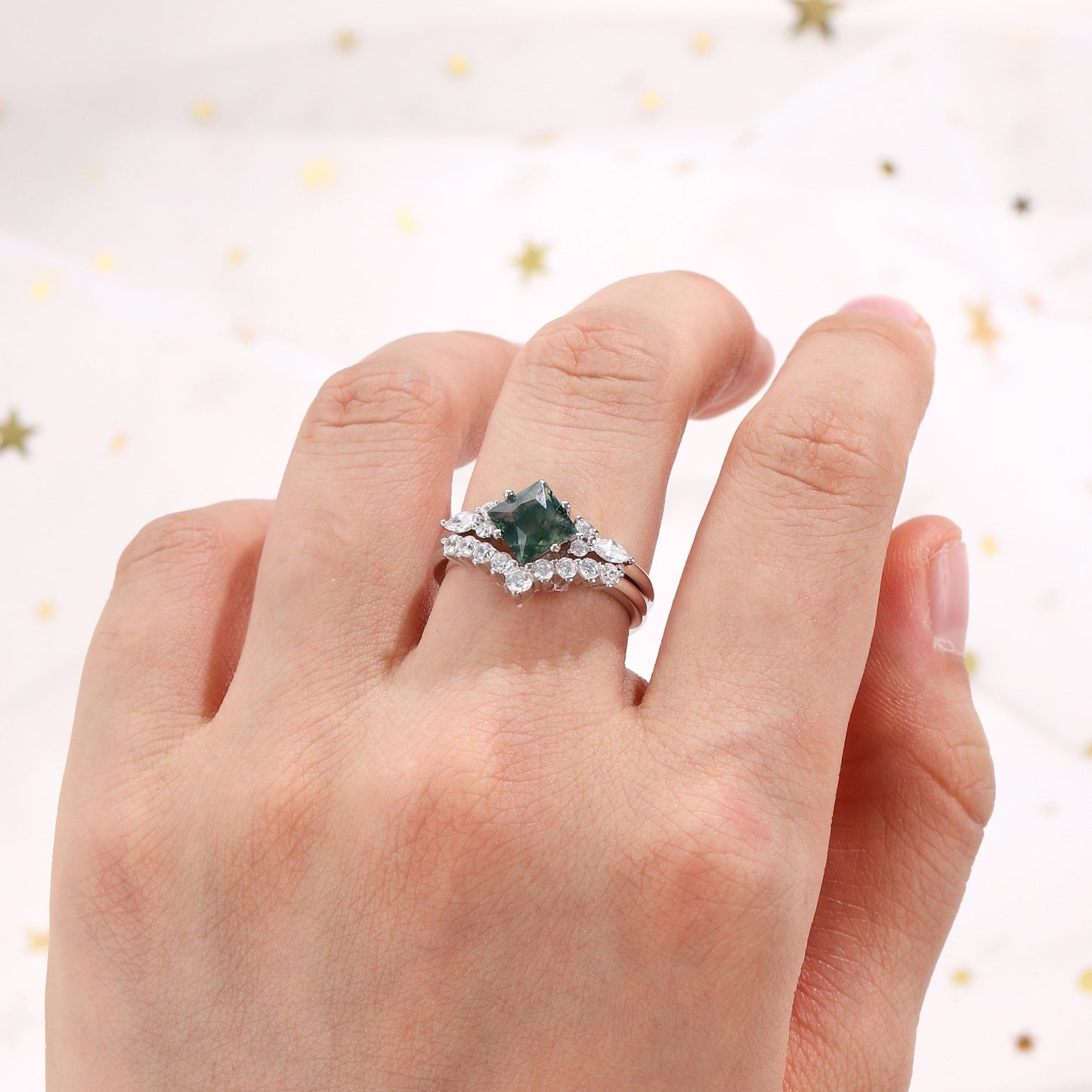 The Mossure - Natural Moss Agate Couple Ring Set