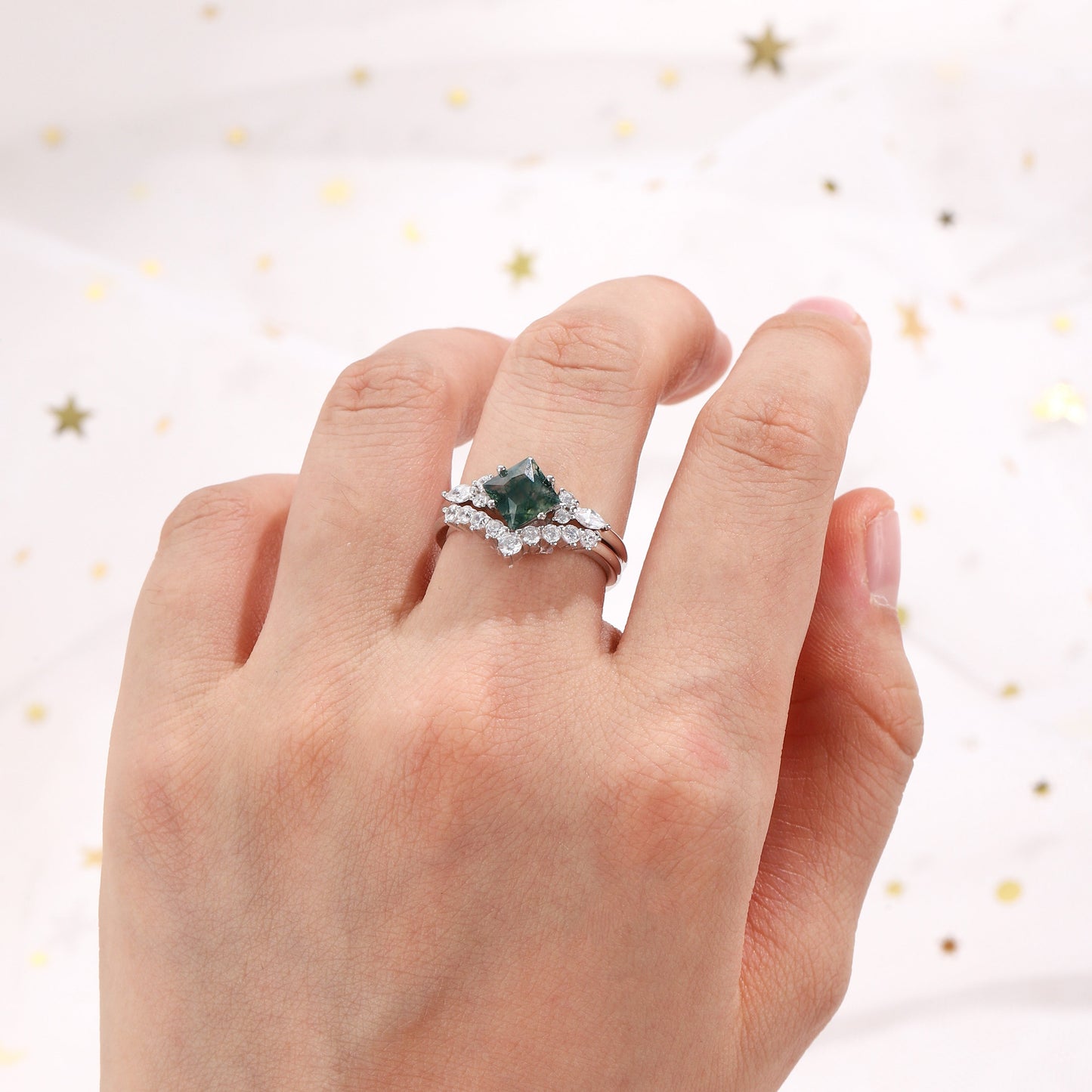The Virelle - Natural Moss Agate Ring Set