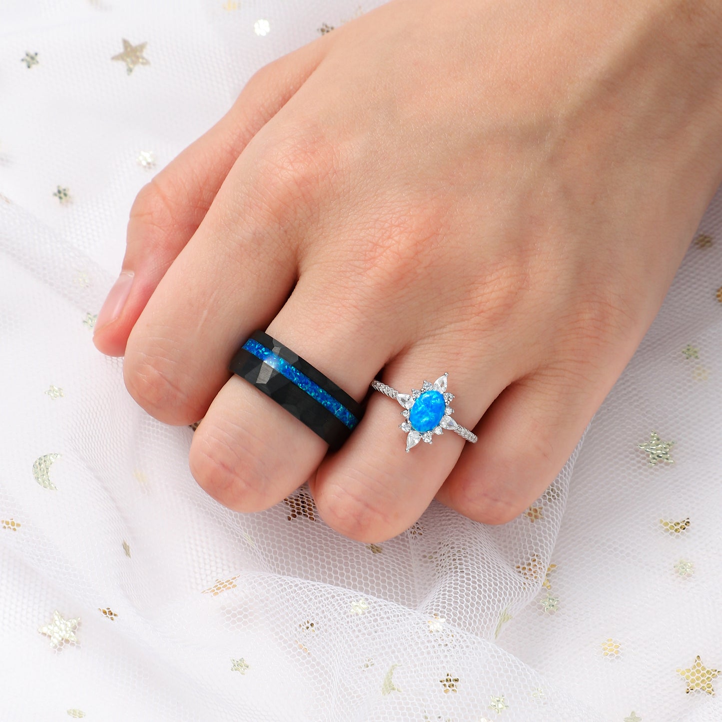 Blue Fire Opal & Meteorite Couple Ring Set Tungsten & Sterling Silver