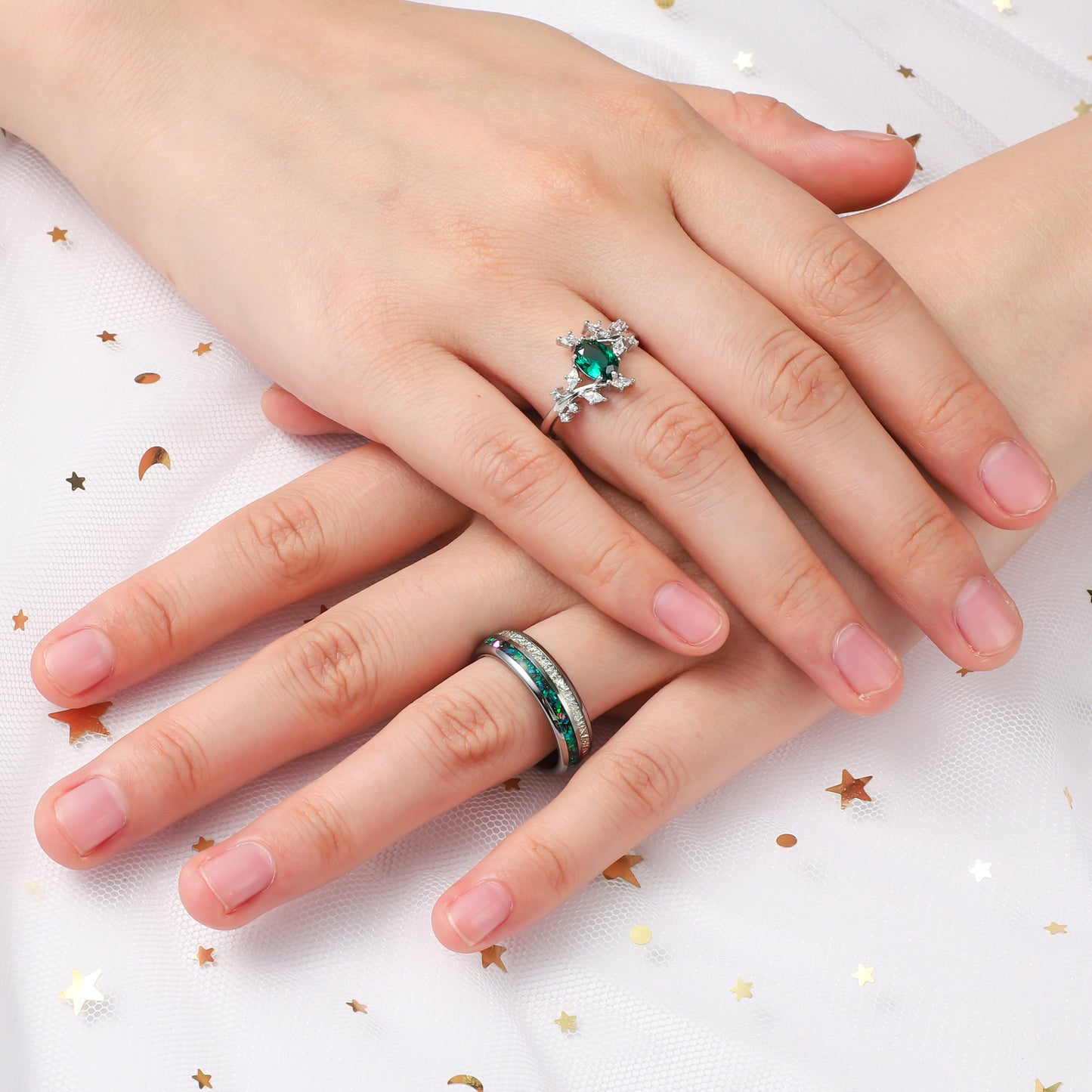 The Verdal - Natural Paraiba & Crushed Green Opal Couple Ring Set