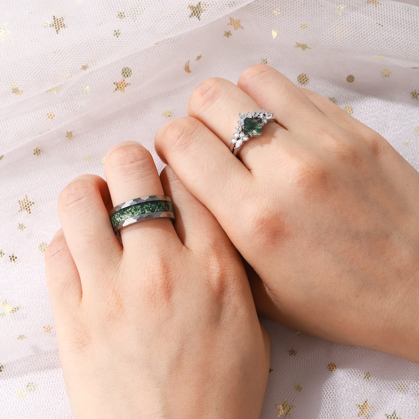 The Virelle - Natural Moss Agate Couple Ring Set