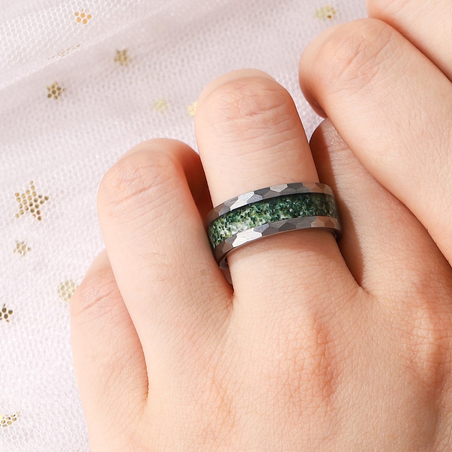 Natural Moss Agate Men Wedding Band