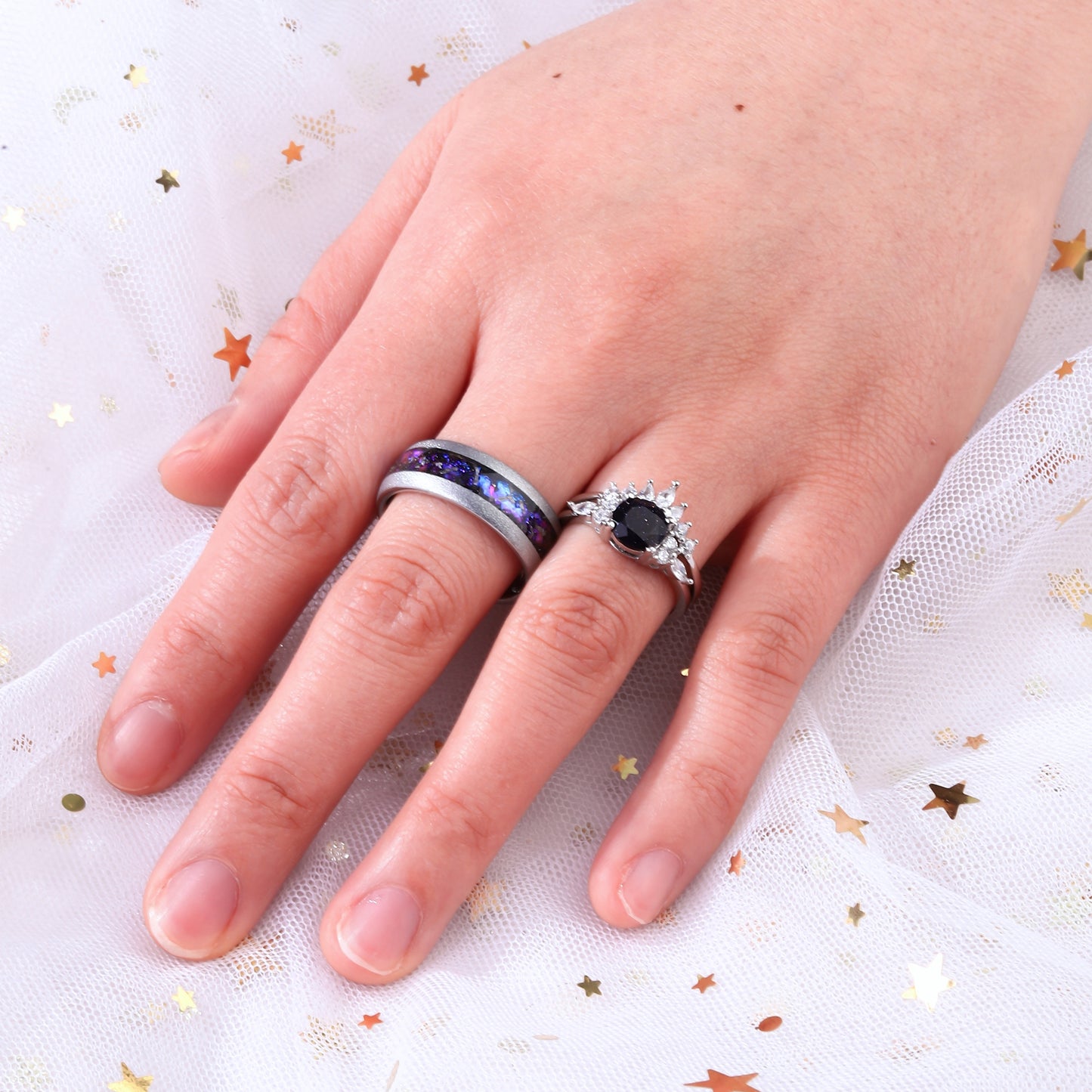 The Starnight - Meteorite & Blue Sandstone Couple Rings