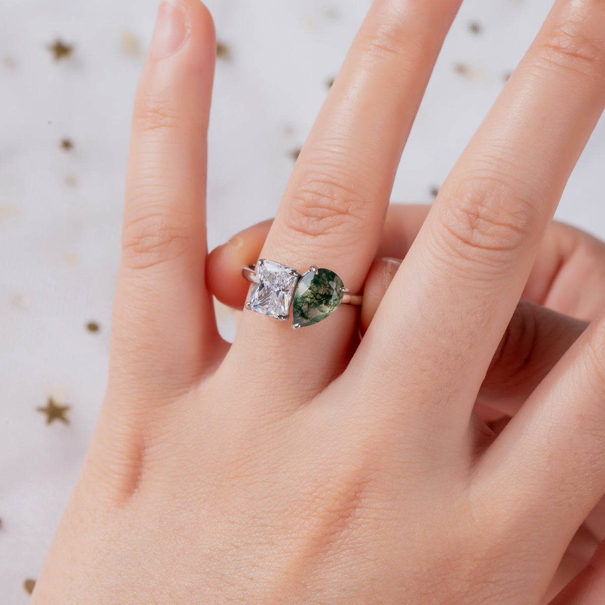 The Grove - Natural Moss Agate Couple Rings