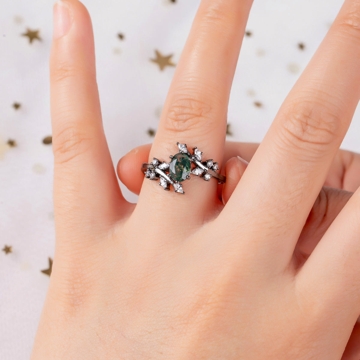 The Everwood - Natural Moss Agate Couple Rings