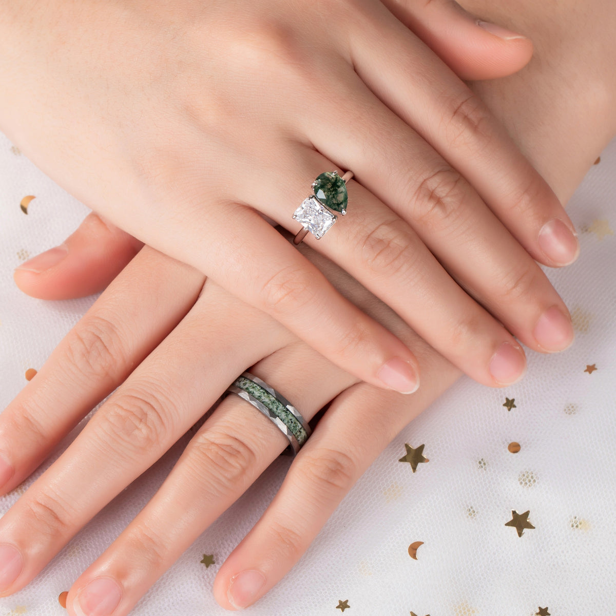 The Grove - Natural Moss Agate Couple Rings