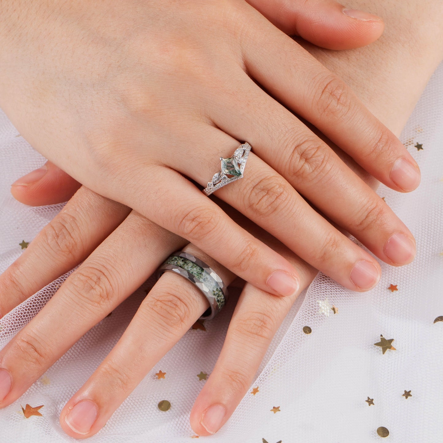 The Oakmere - Kite Cut Natural Moss Agate Couple Ring Set