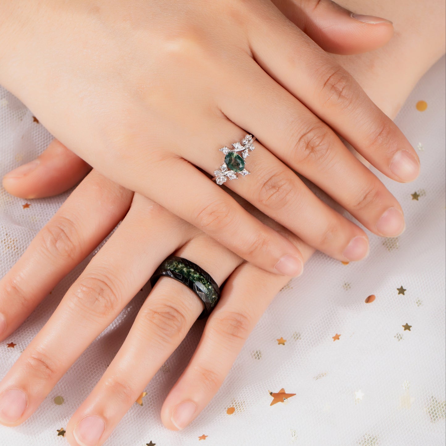 The Moralis - Natural Moss Agate Couple Ring Set