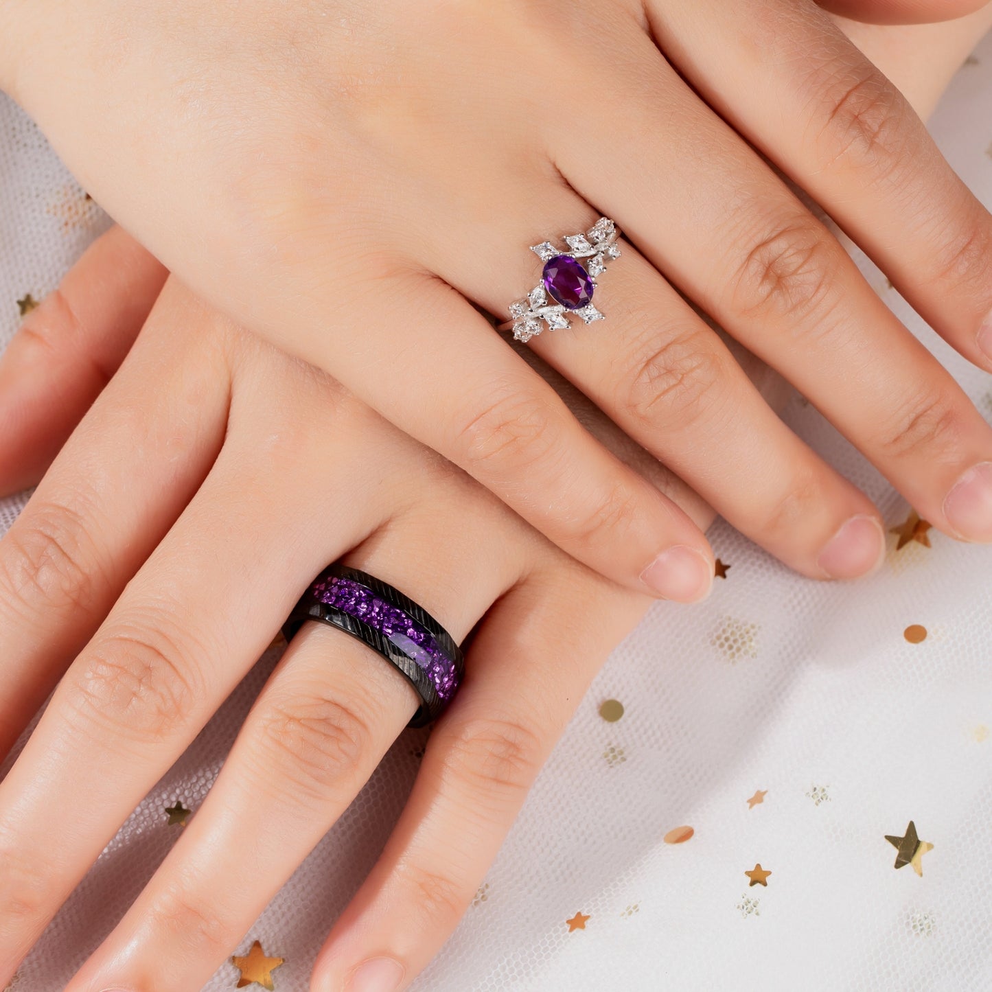 The Serenya - Natural Amethyst Couple Ring Set