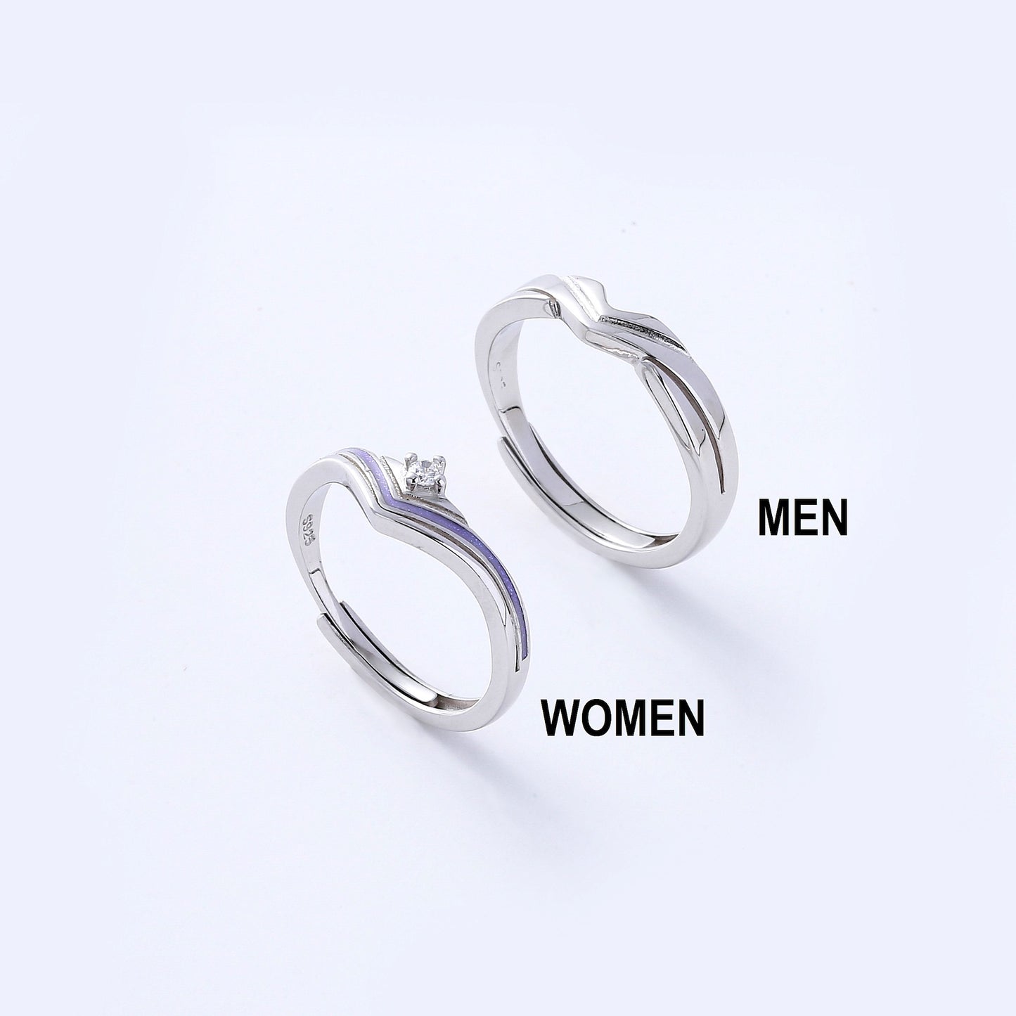 Geometric CZ Silver Couple Rings