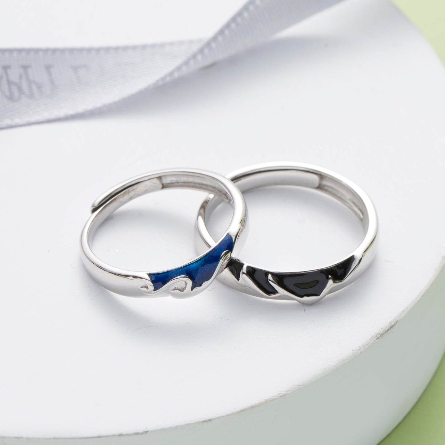 Waves and Mountain Silver Promise Rings