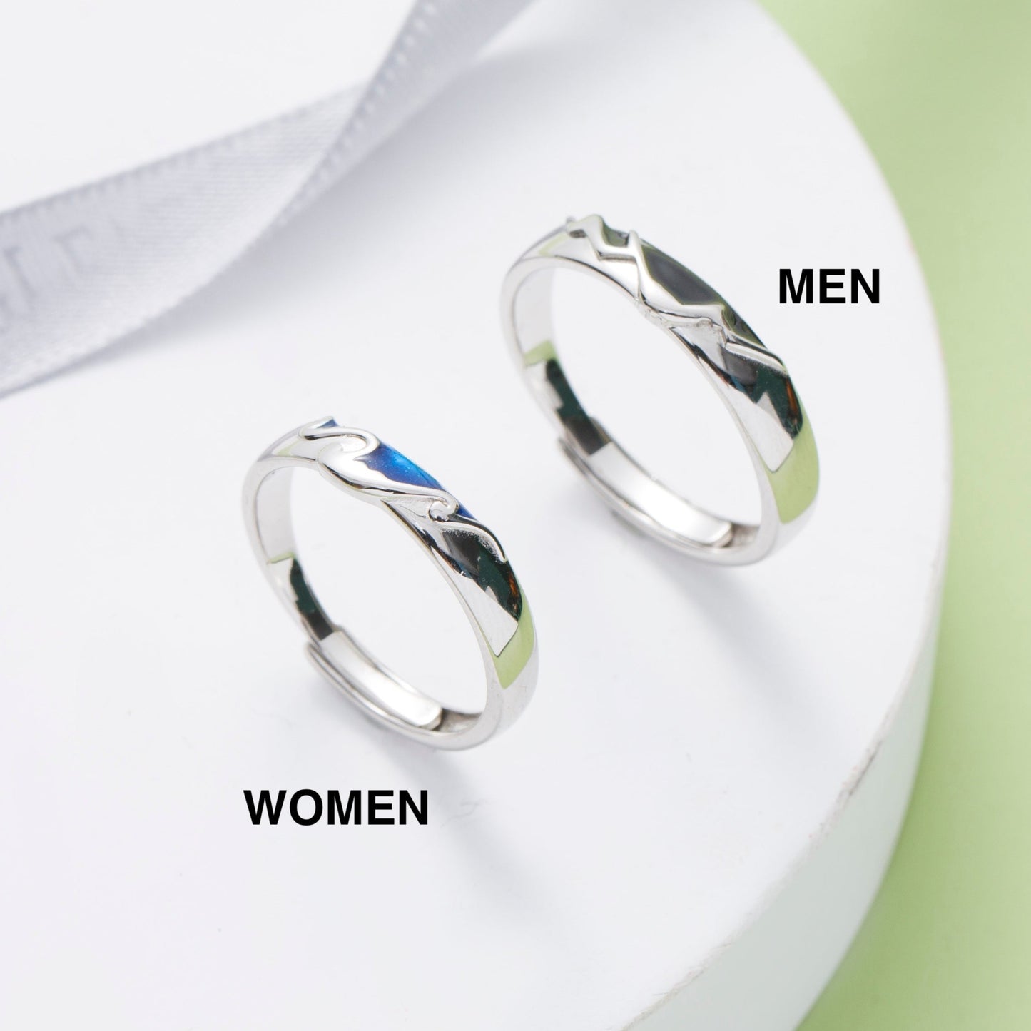 Waves and Mountain Silver Promise Rings